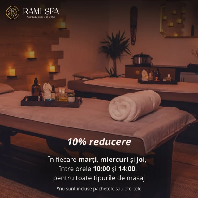 Știm că zilele din timpul săptămânii pot fi pline, iar uneori e greu să-ți faci timp doar pentru tine. 🫠

La RaMi Spa vrem să-ți oferim un mic motiv să te relaxezi, așadar marți, miercuri sau joi între orele 10:00 și 14:00, beneficiezi de 10% reducere la orice tip de masaj (pachetele sau ofertele nu sunt incluse). 

Te așteptăm cu un spațiu cald, liniștit și pregătit să-ți ofere câteva clipe de liniște şi relaxare profundă. Programează o sesiune de masaj chiar acum! ❤️

📞 +40 769 070 522 
📩 hello@ramispa.ro
📍 RaMi Spa 1 - George Călinescu 44A, Sector 1, București 
📍 RaMi Spa 2 - Puțul lui Zamfir 23, Sector 1, București 

#ramispa #masajbucuresti #massagebucharest #balinesemassage #spabucuresti #masajbalinez #masajbalinezbucuresti