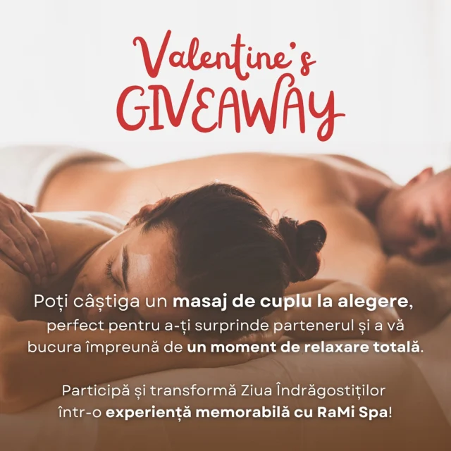 💖 VALENTINE’S GIVEAWAY 💖
Trăiți împreună o experiență de relaxare exact ca în Bali 💆🏻‍♀️💆🏻‍♂️
Poți câștiga un masaj de cuplu autentic balinez sau Aromatherapy (1h30 min), cadoul perfect de Valentine’s Day pentru timp de calitate în doi.

Ce trebuie să faci?
✅ Follow @ramispa.ro
✅ Tag 3 prieteni în comentarii
✅ Share la postare pe story + tag @ramispa.ro
Dacă ai contul privat, te rugăm să ne trimiți și dovada postării pentru un double check.

📅 Câștigătorul va fi anunțat pe 12 februarie. Mult succes!

#giveawaymasaj #ramispa #masajbalinez