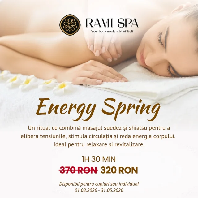 Ai nevoie de un boost de energie pentru a-ți începe ziua bine? ENERGY SPRING combină tehnicile masajului suedez cu pronfunzimea masajului shiatsu. 🔋 Acest ritual este ideal dimineața, deoarece stimulează circulația, energizează corpul și îți oferă claritate mentală pentru o zi echilibrată și plină de vitalitate.

1h 30 min - Preț vechi 370 lei → Preț nou 320 lei ✨

📞 +40 769 070 522
📩 hello@ramispa.ro
📍 RaMi Spa 1 – George Călinescu 44A, Sector 1, București
📍 RaMi Spa 2 – Puțul lui Zamfir 23, Sector 1, București

#ramispa #masajbucuresti #massagebucharest #spabucuresti relaxare masajsuedez shiatsu