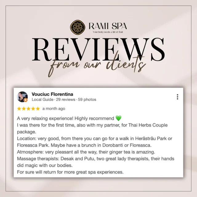 📞 +40 769 070 522 
📩 hello@ramispa.ro
📍 RaMi Spa 1 - George Călinescu 44A, Sector 1, București 
📍 RaMi Spa 2 - Puțul lui Zamfir 23, Sector 1, București 

#masajbucuresti #massagebucharest #balinesemassage #masajbalinez #masajbalinezbucuresti