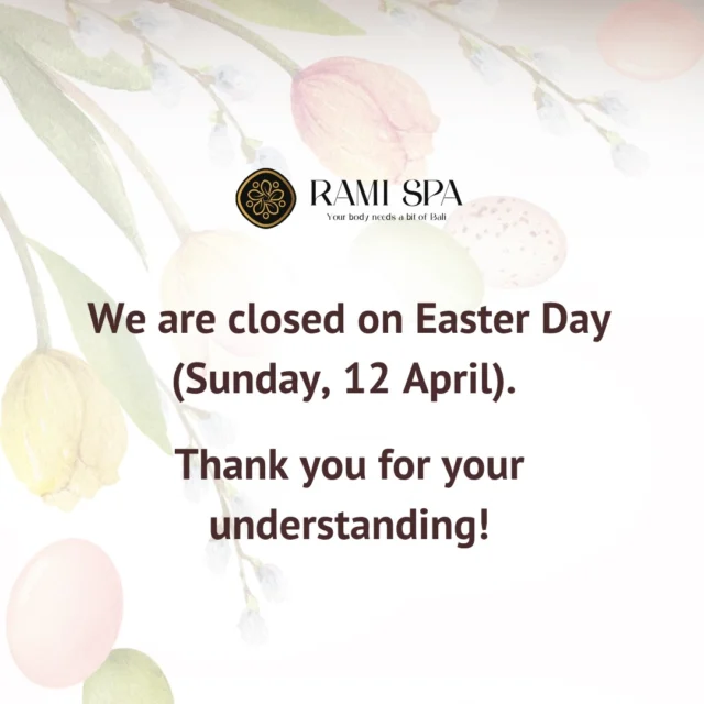 We’ll be closed on Easter Day (Sunday, 12 April) 🐣 All other days, we’re open as usual in both locations!
Wishing you a wonderful Easter and looking forward to seeing you soon 💛

📞 +40 769 070 522 
📩 hello@ramispa.ro
📍 RaMi Spa 1 - George Călinescu 44A, Sector 1, București 
📍 RaMi Spa 2 - Puțul lui Zamfir 23, Sector 1, București 

#masajbucuresti #massagebucharest #balinesemassage #masajbalinez #masajbalinezbucuresti