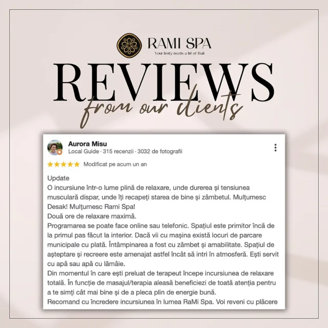 📞 +40 769 070 522 
📩 hello@ramispa.ro
📍 RaMi Spa 1 - George Călinescu 44A, Sector 1, București 
📍 RaMi Spa 2 - Puțul lui Zamfir 23, Sector 1, București 

#masajbucuresti #massagebucharest #balinesemassage #masajbalinez #masajbalinezbucuresti
