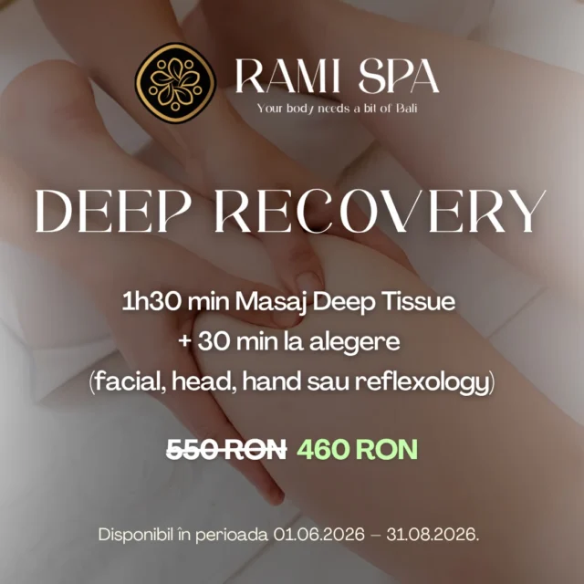 DEEP RECOVERY - 1h30 min Masaj Deep Tissue + 30 minute masaj la alegere (facial, head, hand sau reflexology) ❤️ Când stresul, oboseala și ritmul alert își lasă amprenta asupra ta, este momentul să îți oferi o pauză autentică. 

Profită de oferta specială de vară și transformă aceste 120 minute dedicate ție într-o experiență completă de regenerare.

📞 +40 769 070 522 
📩 hello@ramispa.ro
📍 RaMi Spa 1 - George Călinescu 44A, Sector 1, București 
📍 RaMi Spa 2 - Puțul lui Zamfir 23, Sector 1, București 

#masajbucuresti #massagebucharest #balinesemassage #masajbalinez #masajbalinezbucuresti