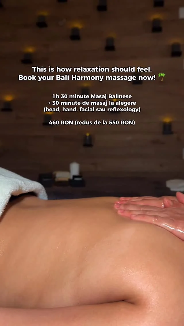 1h 30 Masaj Balinez + 30 min la alegere (facial, head, hand sau reflexology) ✨
Ritual autentic pentru relaxare totală a corpului și minții. Bali Harmony de 120 de minute este varianta extinsă, dedicată celor care își doresc o experiență completă de relaxare. Răsfață-te cu Bali Harmony și redescoperă starea de bine la RaMi Spa. 🌴

460 RON (Redus de la 550 RON)

📞 +40 769 070 522 
📩 hello@ramispa.ro
📍 RaMi Spa 1 - George Călinescu 44A, Sector 1, București 
📍 RaMi Spa 2 - Puțul lui Zamfir 23, Sector 1, București 

#masajbucuresti #massagebucharest #balinesemassage #masajbalinez #masajbalinezbucuresti