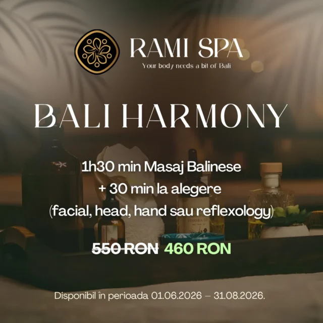 BALI HARMONY (120 MIN) 🌴
1h 30 Masaj Balinez + 30 min la alegere (facial, head, hand sau reflexology) ☀️ Pentru că este atât de cerut, am creat o ofertă dedicată celor care își doresc mai mult decât un simplu masaj: o adevărată evadare senzorială.

📞 +40 769 070 522 
📩 hello@ramispa.ro
📍 RaMi Spa 1 - George Călinescu 44A, Sector 1, București 
📍 RaMi Spa 2 - Puțul lui Zamfir 23, Sector 1, București 

#masajbucuresti #massagebucharest #balinesemassage #masajbalinez #masajbalinezbucuresti