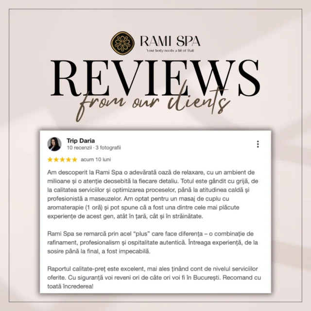 📞 +40 769 070 522 
📩 hello@ramispa.ro
📍 RaMi Spa 1 - George Călinescu 44A, Sector 1, București 
📍 RaMi Spa 2 - Puțul lui Zamfir 23, Sector 1, București 

#masajbucuresti #massagebucharest #balinesemassage #masajbalinez #masajbalinezbucuresti