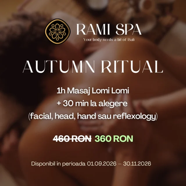 This autumn, treat yourself to 90 minutes of deep relaxation and Bali-inspired pampering. 🤎🍂

1h Lomi Lomi Massage + 30 min of your choice (facial, head, hand, or reflexology) = 360 RON instead of 460 RON

Available from 01.09.2026 – 30.11.2026.

📞 +40 769 070 522 
📩 hello@ramispa.ro
📍 RaMi Spa 1 - George Călinescu 44A, Sector 1, București 
📍 RaMi Spa 2 - Puțul lui Zamfir 23, Sector 1, București 

#masajbucuresti #massagebucharest #balinesemassage #masajbalinez #masajbalinezbucuresti