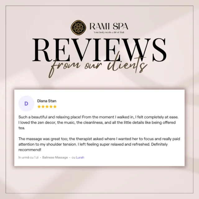 📞 +40 769 070 522 
📩 hello@ramispa.ro
📍 RaMi Spa 1 - George Călinescu 44A, Sector 1, București 
📍 RaMi Spa 2 - Puțul lui Zamfir 23, Sector 1, București 

#masajbucuresti #massagebucharest #balinesemassage #masajbalinez #masajbalinezbucuresti