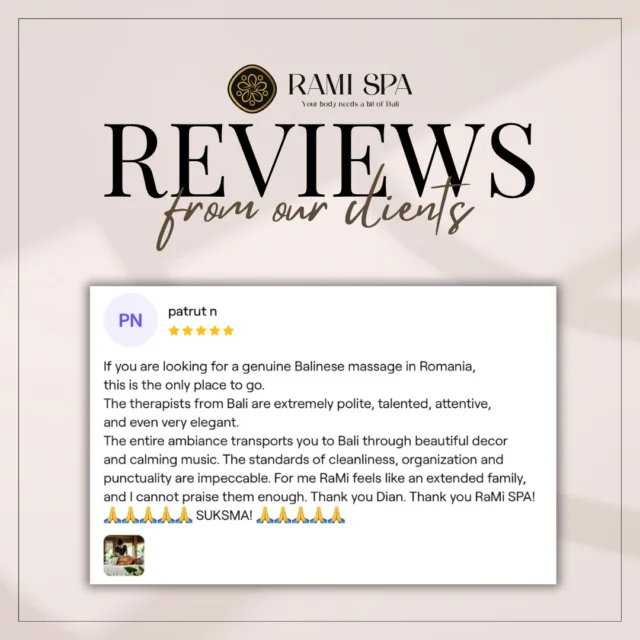 📞 +40 769 070 522 
📩 hello@ramispa.ro
📍 RaMi Spa 1 - George Călinescu 44A, Sector 1, București 
📍 RaMi Spa 2 - Puțul lui Zamfir 23, Sector 1, București 

#masajbucuresti #massagebucharest #balinesemassage #masajbalinez #masajbalinezbucuresti