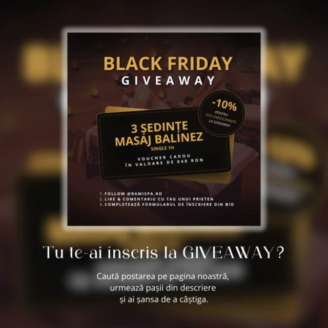 Te-ai înscris la GIVEAWAY? Dacă nu ai făcut-o încă, acum e momentul! Caută postarea de GIVEAWAY pe pagina noastră, urmează pașii din descriere și înscrie-te! ✨

📞 +40 769 070 522 
📩 hello@ramispa.ro
📍 RaMi Spa 1 - George Călinescu 44A, Sector 1, București 
📍 RaMi Spa 2 - Puțul lui Zamfir 23, Sector 1, București 

#masajbucuresti #massagebucharest #balinesemassage #masajbalinez #masajbalinezbucuresti